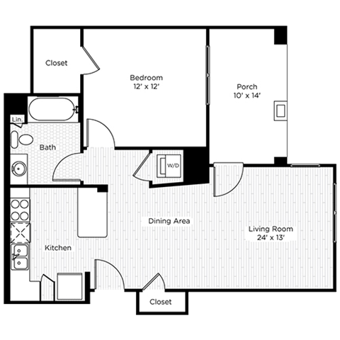 Floor plan for 1 bed, 1 bath, 728 sqft
